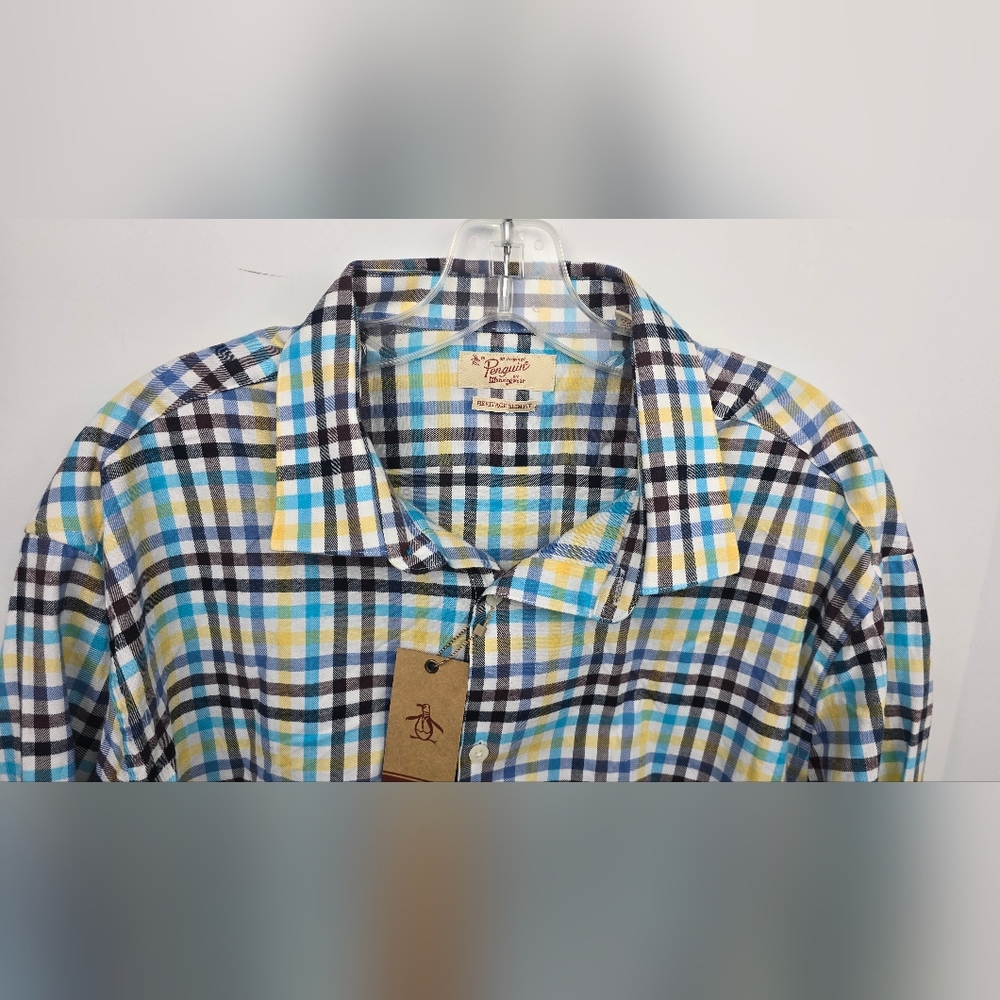 Penguin Men’s Plaid Flannel Button Up Heritage Slim Fit Size 18 34/35 NWT Cream - Picture 2 of 10